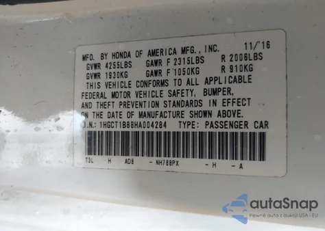 2017 Honda Accord Exl from USA, damaged, VIN 1HGCT1B88HA004284